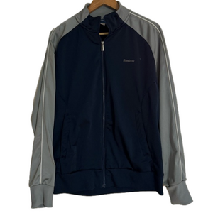 Reebok men medium zip up zippered blue gray warm up leisure jacket activewear
